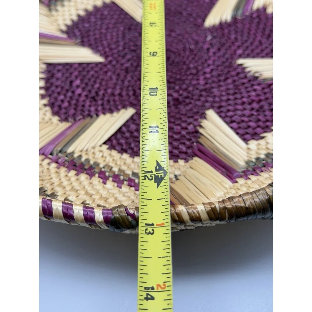 Handwoven African Wicker Basket Bowl Handles Boho Tribal Decor Purple & Green